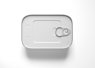 Food Tin can, fish or satin fish mockup with pull ring. Metallic canned with open key, metal jar isolated on white background. Aluminium preserve canister. 3d illustration, 3d rendering