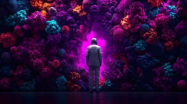 A futuristic scientist in a white suit stands before a vivid, surreal backdrop of colorful organic shapes, revealing a glowing portal. The atmosphere feels otherworldly and intriguing.