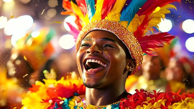 A vibrant Carnival parade in Brazil, with samba dancers in colorful costumes, elaborate floats, and lively music filling the streets. The entire community is dancing and celebratin
