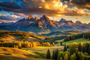 Breathtaking golden hour landscape featuring towering mountain peaks and gentle valleys, showcasing vibrant autumn colors and dramatic cloud formations