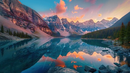 Beneath a stunning sunset, the calm waters of a mountain lake reflect a colorful sky, while towering peaks create a breathtaking backdrop to the serene scene.