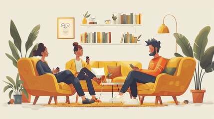 Cozy home party, gathering with friends. Relaxing tea time, hygge leisure in living room. People chatting, talking, resting indoors with snacks on holiday, vertical card. Flat vector illustration