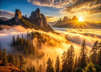 Fototapeta premium breathtaking sunrise illuminates rugged mountain peaks, casting golden light over misty landscape. scene evokes sense of tranquility and awe amidst natures beauty
