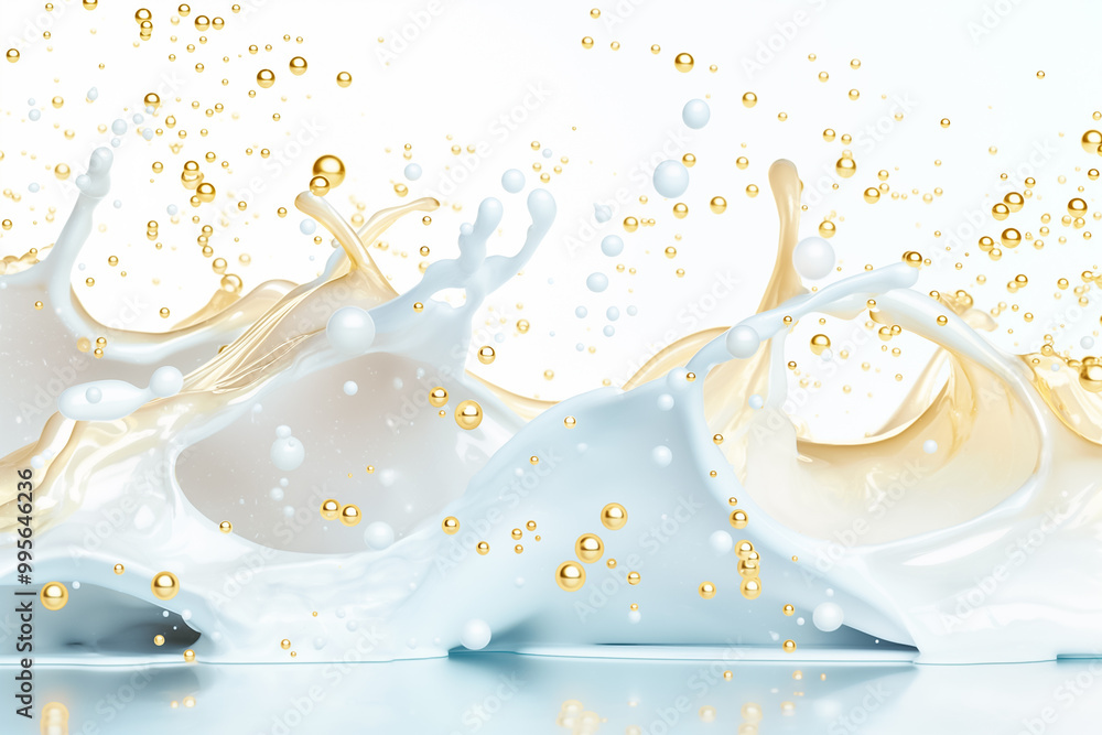 Poster a striking display of white liquid splashing and forming dynamic waves, interspersed with shimmering