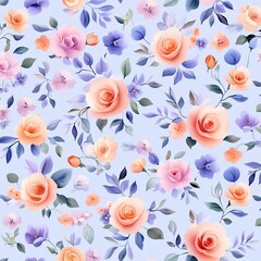 A vibrant floral pattern featuring roses and violets against a soft blue background, perfect for textile or wallpaper designs.