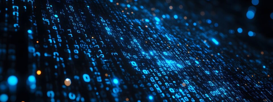 Digital background featuring blue glowing binary code, representing data technology and cybersecurity in a black space