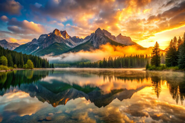 Obraz premium stunning mountain lake reflects vibrant tones during golden hour, with majestic peaks and lush forests surrounding tranquil water. scene evokes sense of peace and natural beauty