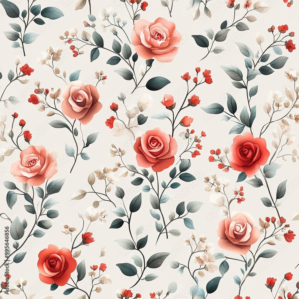 Poster a delicate floral pattern featuring soft pink and red roses intertwined with leafy branches and tiny