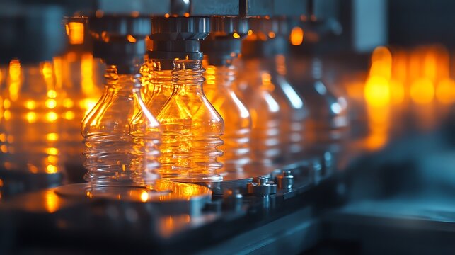 Close-up of plastic bottles being formed inside an injection molding machine, showing the hot plastic material being shaped into precise bottle molds, with space in the background for text,