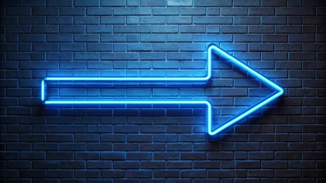 Blue neon arrow pointing right on a brick wall is glowing