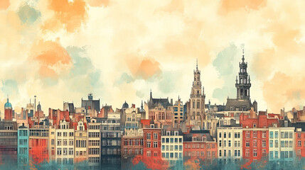 Obraz premium Brussels, Belgium, color pen pencil hand-drawn effect drawing illustration for travel poster, card, wallpaper, backdrop or banner. Modern, clear, artistic and simple