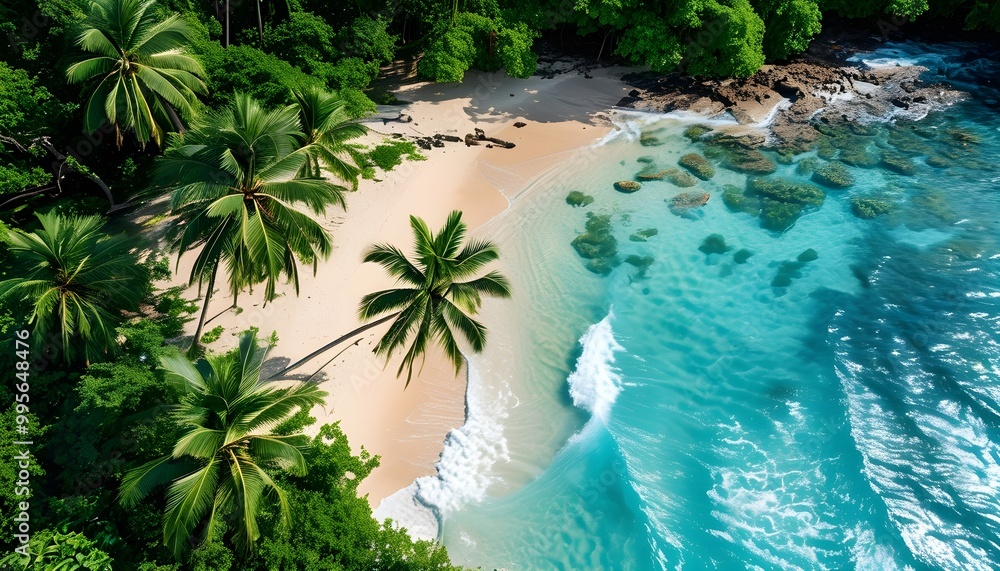 Canvas Prints idyllic tropical paradise with palm tree framing a pristine beach against a backdrop of clear blue s