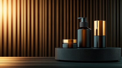 A minimalist display of stylish cosmetic containers, showcasing a modern aesthetic with warm lighting.