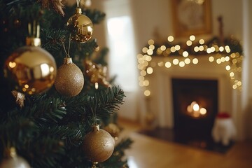 Golden ornaments hanging on a decorated Christmas tree beside a glowing fireplace creating a warm and festive holiday scene indoors