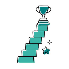 Trophy on staircase icon, teal and white, success and achievement concept