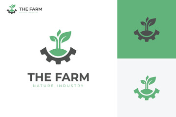 Growth plant logo icon design with cogwheel and leaf sprout graphic symbol vector illustration for farm industry modern logo