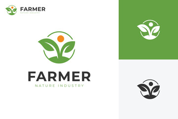 Plant growth logo icon design with plantation and sun graphic concept for farm agriculture vector template