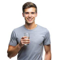 Waist up shot of smiling cheerful handsome guy holds paper takeaway coffee enjoys spare time with friend drinks aromatic beverage wears white mock up t shirt models against