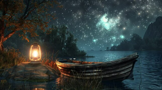 Enchanting lantern glowing softly by the serene lake under a starry night in a magical fantasy setting
 Seamless looping 4k time-lapse virtual video animation Generated AI