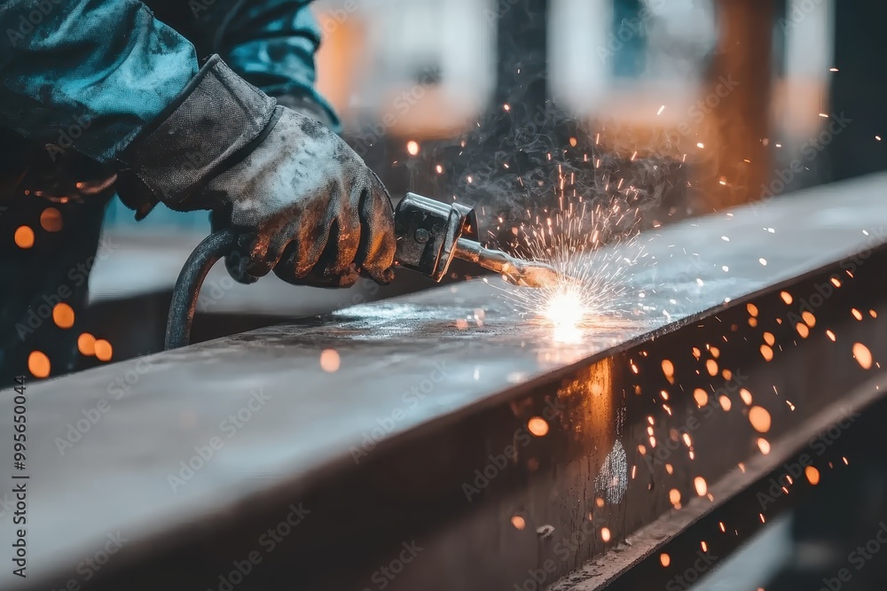 Poster a worker using a welding torch, creating sparks while joining metal beams.