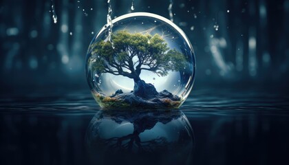Glass ball with tree inside of it floating in body of water