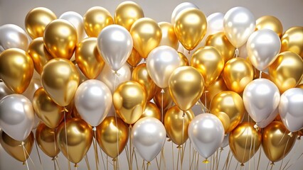 Numerous gold and white balloons are floating, creating a festive atmosphere