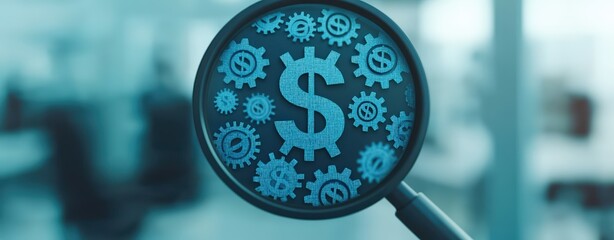 A magnifying glass zooming in on a series of gears forming an upward graph, set in a clean, minimalist room with soft sunlight, peaceful