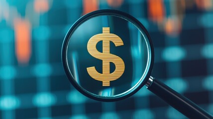 A magnifying glass focusing on a dollar sign growing out of a bar chart, set in a sleek office with large windows and natural light streaming in, peaceful