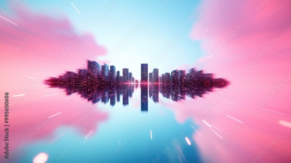 Poster a surreal cityscape, where buildings pulsate with energy, emitting streams of particles that create 