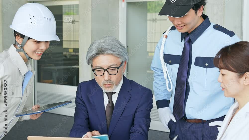 Aufkleber 会議する様々な職業の人々（ビジネスマン・エンジニア・研究者・警備員）