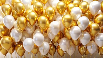 Numerous gold and white balloons are floating, creating a festive atmosphere