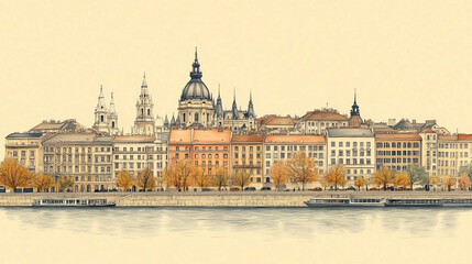 Obraz premium Budapest, Hungary, color pen pencil hand-drawn effect drawing illustration for travel poster, card, wallpaper, backdrop or banner. Modern, clear, artistic and simple