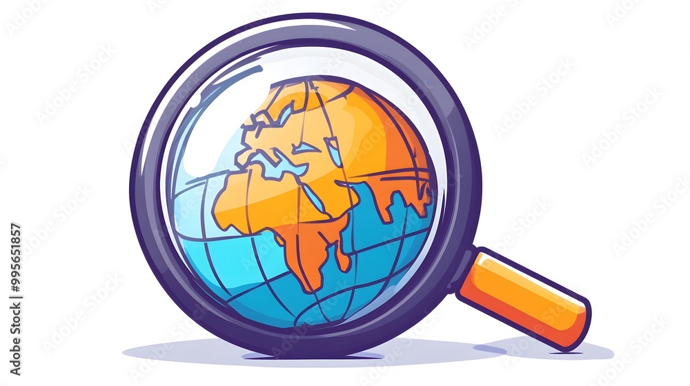 Poster minimalist magnifying glass icon with globe symbolizing global search and navigation