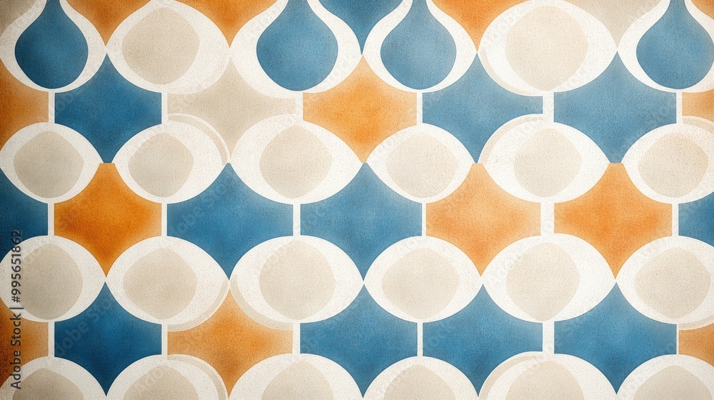 Poster a colorful geometric pattern featuring overlapping shapes in blue, orange, and cream tones, creating