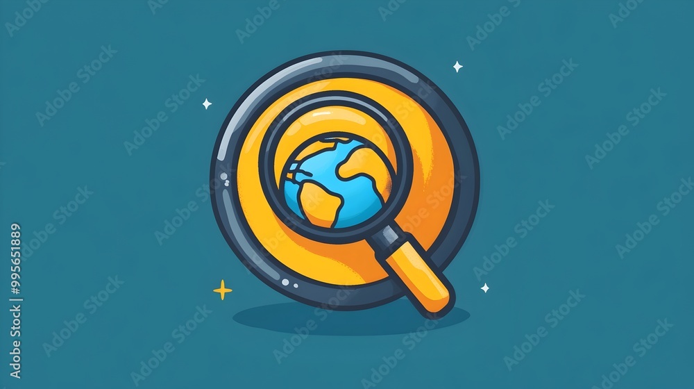 Poster minimalist magnifying glass icon with globe representing global search and navigation