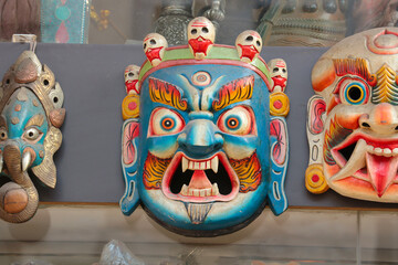 Scary Tibetan wooden masks depicting gods and spirits.