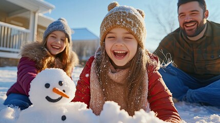 A joyful family plays in the snow, building a snowman and enjoying a winter day together with smiles and laughter.