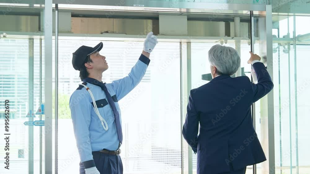 Aufkleber 建物を点検するビジネスマンと警備員
