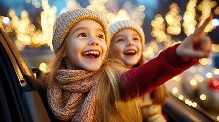 Two joyful girls enjoy a festive night, peering out of a car and marveling at sparkling holiday lights.