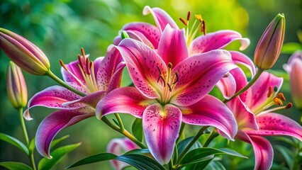 Fototapeta premium Against a soothing green background, a gorgeous Stargazer Lily displays its radiant pink petals, embodying the beauty