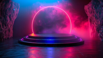 Cyberpunk sci-fi product podium showcase in spaceship base with blue and pink background. Technology and object concept. 3D illustration rendering