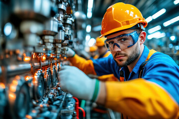 A worker wearing protective gear is seen calibrating complex machinery in a modern, well-lit factory environment, signifying skilled labor and technological advancement.