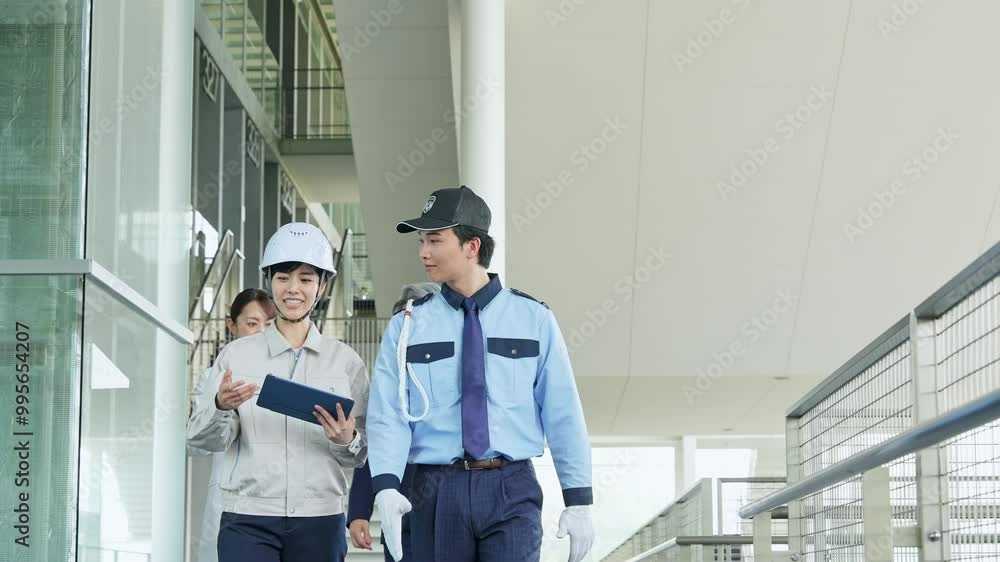 Poster ビルを点検する様々な職業の人々（エンジニア・警備員・ビジネスマン・研究者）