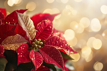 macro glittery christmas Poinsettia bouquet in red and golden colors, with a blurred background