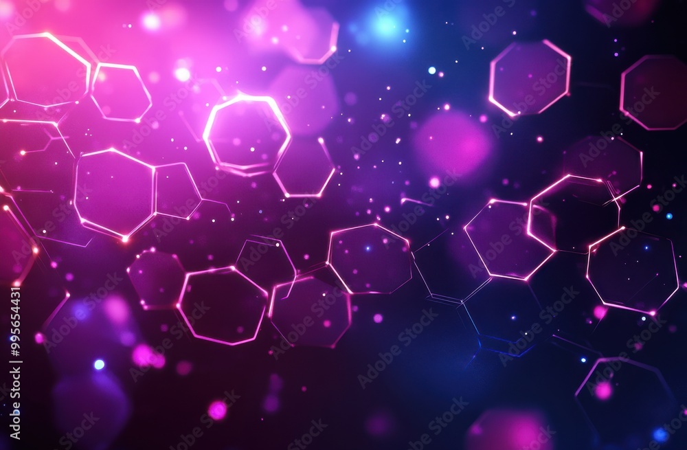 Poster abstract futuristic background featuring glowing hexagons and dynamic light effects in a vibrant pur