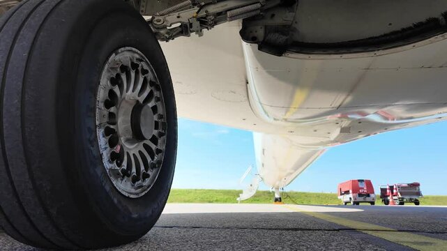 External view, extreme low angle, of the lower part of the fuselage and wheels of a white color fuselage jet parked on the ramp in a bright sunny day