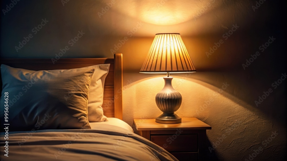 Poster Lamp casting warm glow against cozy bed in the dark room, night time, bedroom, interior, cozy, warm, light, illuminated