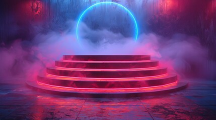 Cyberpunk sci-fi product podium showcase in spaceship base with blue and pink background. Technology and object concept. 3D illustration rendering