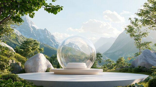 An innovative spiritual retreat with transparent meditation pods and holographic nature scenes