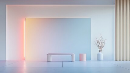 A sleek religious study room with interactive digital scriptures and neon-lit study aids